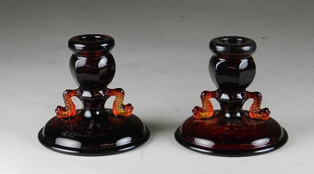 Pair of Early Fenton Amberine Dolphin Candlesticks: 3 1/2" h