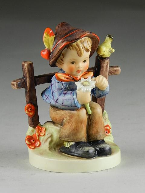 Goebel Hummel "She Loves Me, She Loves Me Not": trademark 3, tiny chip on base, 4 1/4" h