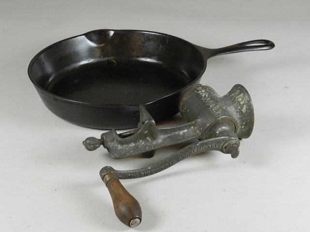Griswold Meat Grinder & Wagnerware Cast Iron Skillet: Griswold is #10, has surface rust. Skillet is 10 1/4"