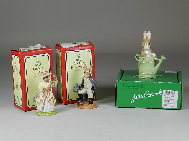 3 Bunnykins: one Beatrix Potter figurine, two are Royal Doulton Bunnykins, all with boxes, 4 1/2" h