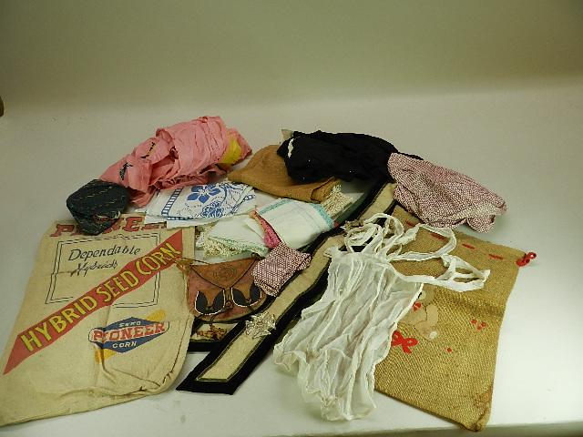 Group of Assorted Items: Pioneer sea bag, burlap, linens, Masonic ceremonial sash, etc