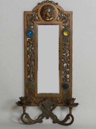 Antique Cast Iron 2 Candle Wall Sconce: mirrored, faceted stones, 21"h