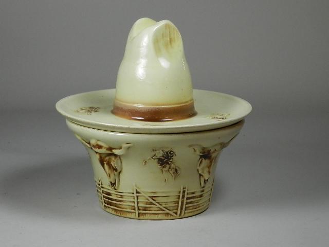 2 Piece McCoy El Rancho Bowl and Hat: hairline cracks, crazing, 12"h x 12"w