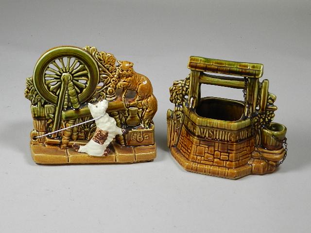 2 Piece McCoy Planters: spinning wheel and wishing well, tallest 7 3/4"h
