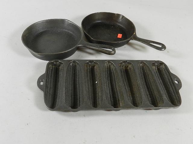 3 Pieces Cast Iron: Wagner cornbread pan, 2 unmarked skillets