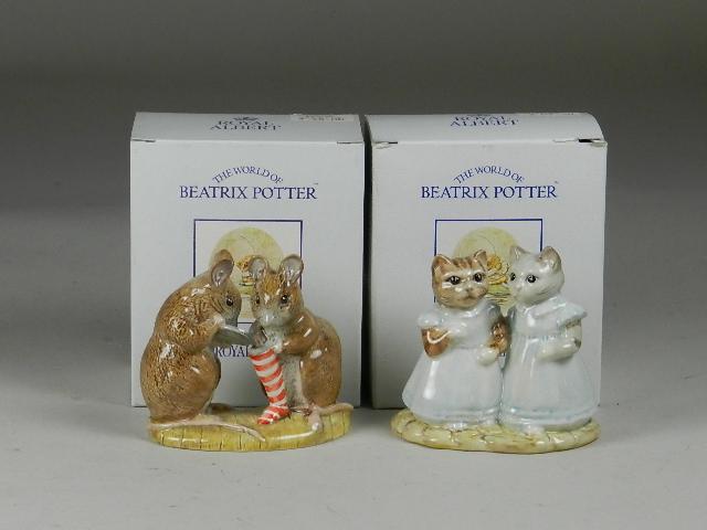 2 Piece Royal Albert Beatrix Potter Figurines: "Christmas Stockings" and "Mittens and Moppet" with boxes, 3 3/4"h