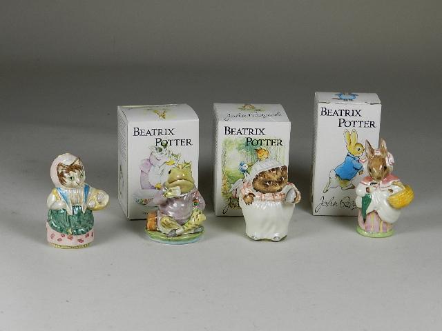 4 Piece Beswick Beatrix Potter Figurines: "Cousin Ribby", "Mrs. Rabbit", "Jeremy Fisher", "Mrs. Tiggy Winkle", with 3 boxes, tallest is 4"h