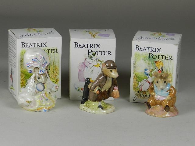 3 Piece Beswick Beatrix Potter Figurines: "Old Mr. Bouncer", "Johnny Town Mouse with bag", "Lady Mouse", with 3 boxes, tallest is 4"h
