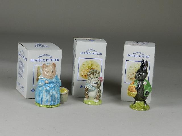 3 Piece Royal Albert Beswick Beatrix Potter Figurines: "Miss Moppet", "Little Black Rabbit", "Aunty Pettitoes", with 3 boxes, tallest is 4"h