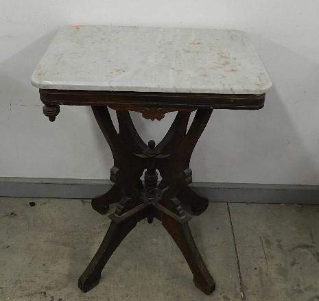 Antique Victorian Marble Top Parlor Table: carved vase, staining to marble, missing finial, 29 3/4"h x 25"w x 19"d