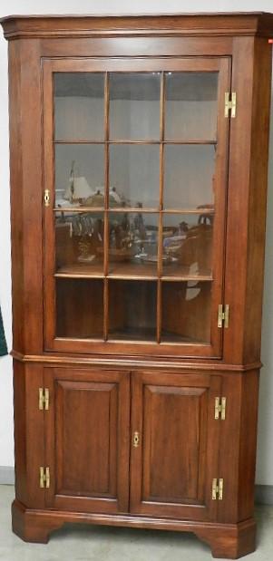 Henkel Harris Solid Wild Black Cherry Corner Cabinet: lighted, 83 1/2"h x 40"w x 21 1/2"d