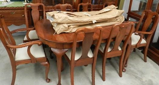 12 Piece Henkel Harris Solid Wild Black Cherry Queen: Manufactured by Jefferson Woodworking Company, 8 chairs - bent rims, 3 leaves with table with original packaging 29 1/2"h x 64"w x 42"d