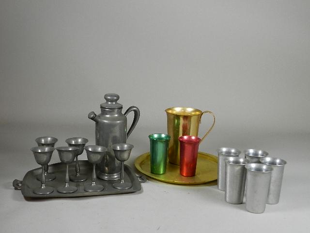 Pewter Martini Shaker Sets: with serving tray and goblets, Color-Craft pitcher, 2 cups & tray, etc