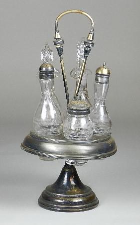 Original 5 Piece Cruet Set and Silver Plate Stand: some tarnish to plating, 15 1/2"h