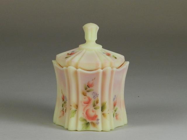 Fenton Burmese Covered Dish: hand painted, artist signed, 6 1/2"h