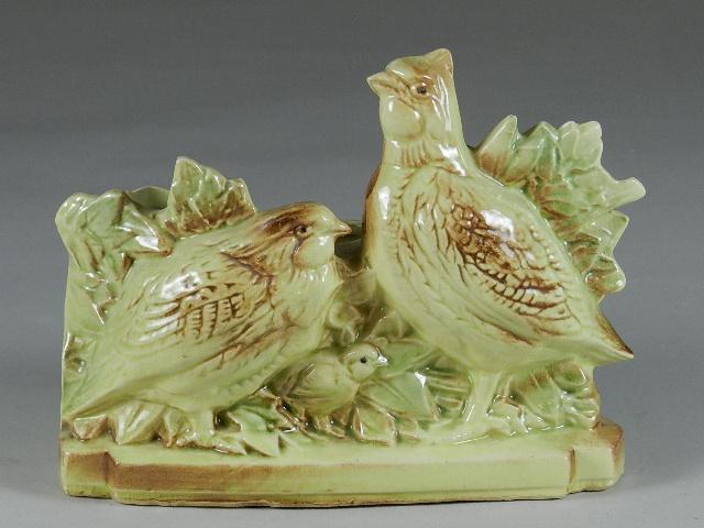McCoy Quail Family Planter: some crazing, 7"h x 8"w