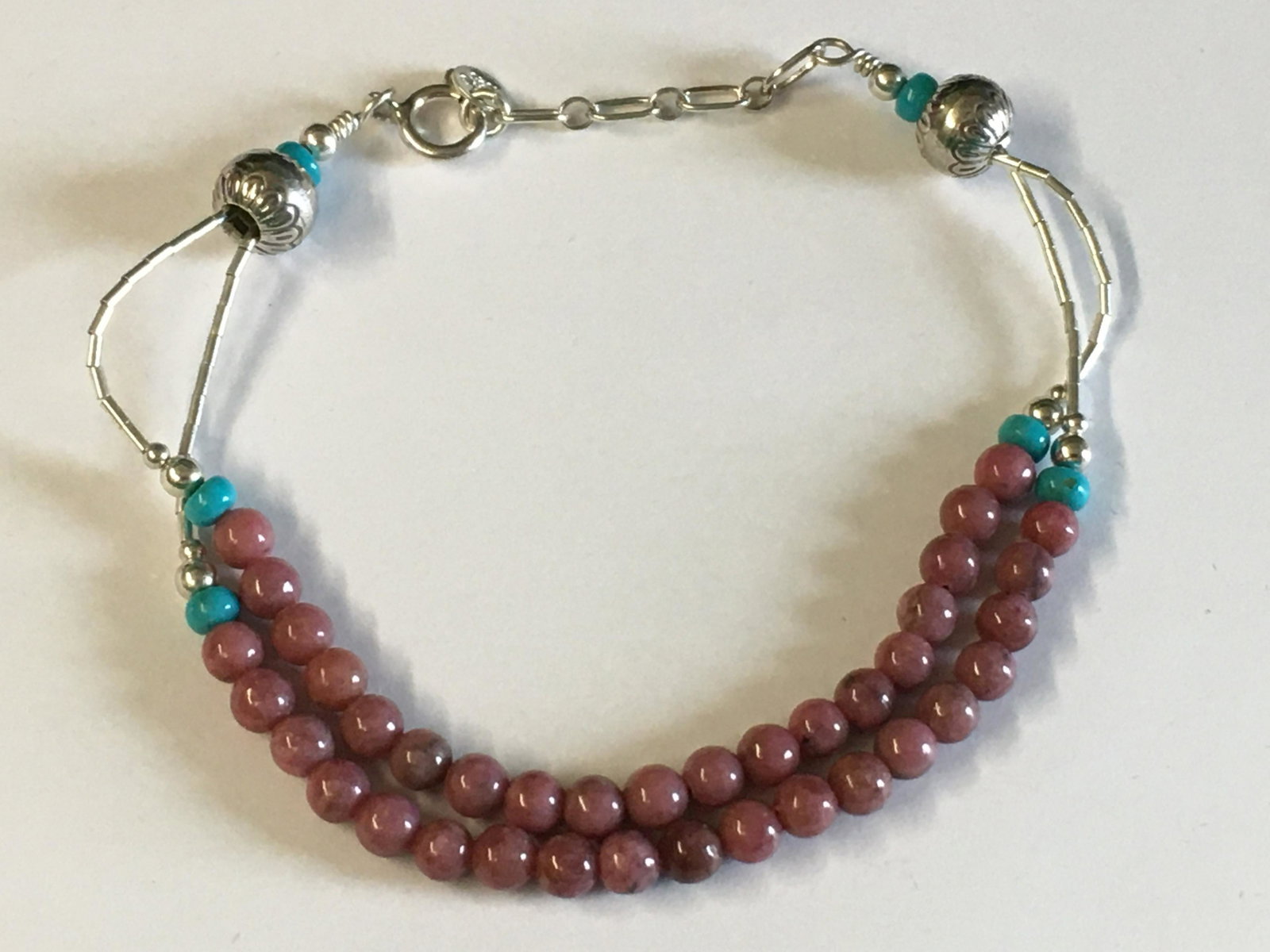 Sterling Pink Jade Bead Bracelet: 8 1/4" long