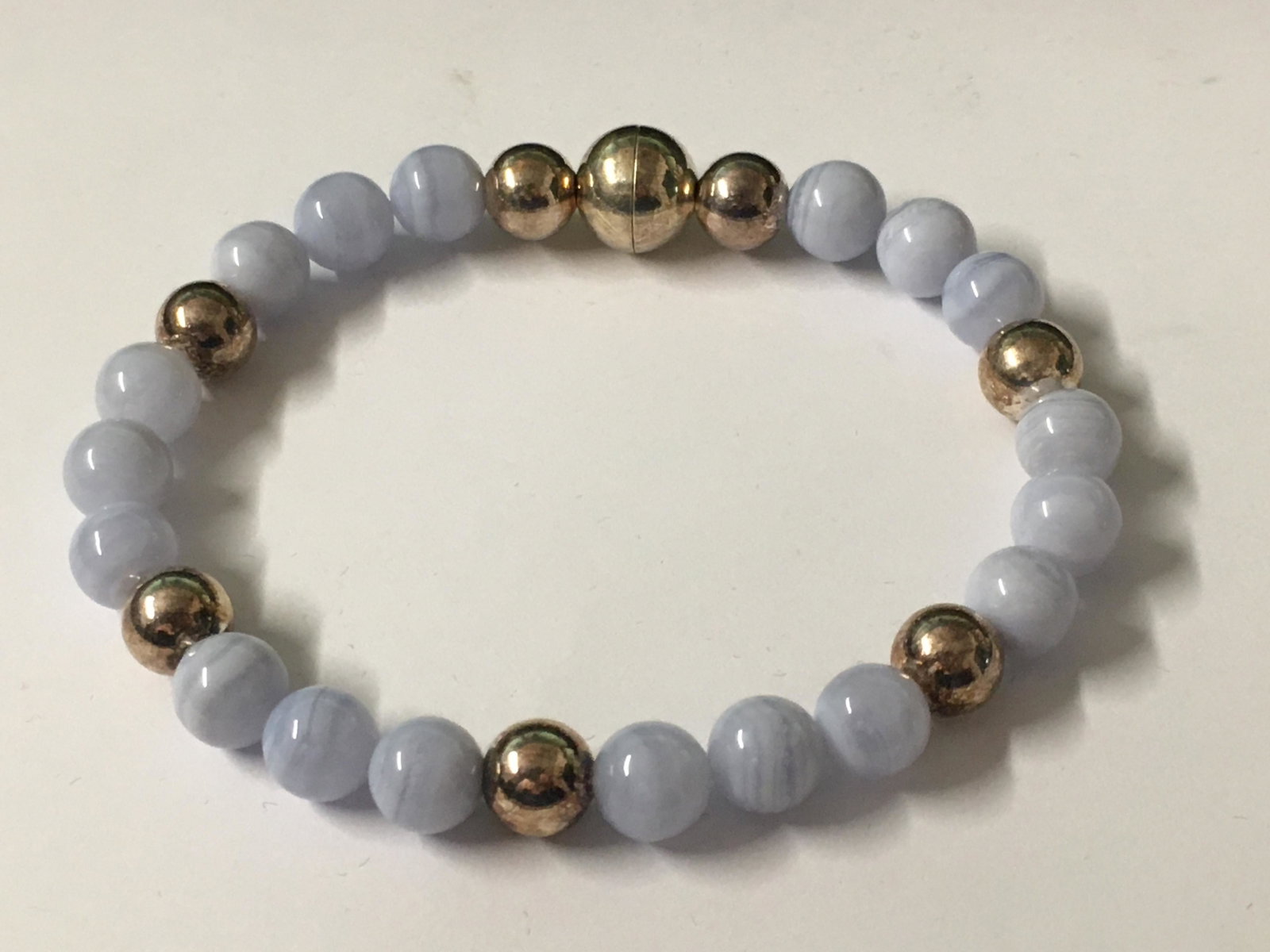 Jade Bracelet with Sterling Clasp & Beads: clasp is magnetic. 8 1/4" long