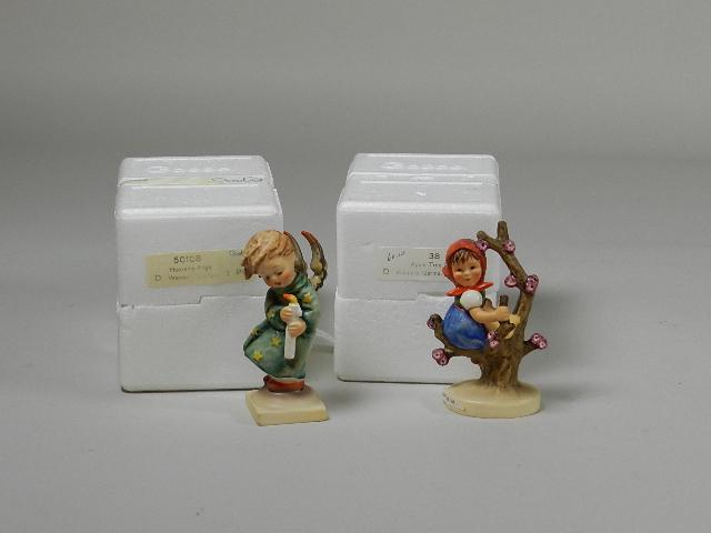 2 Goebel Hummels: Apple Tree Girl, Heavenly Angel: trademark 6, with boxes, excellent condition, tallest 4 1/4" h