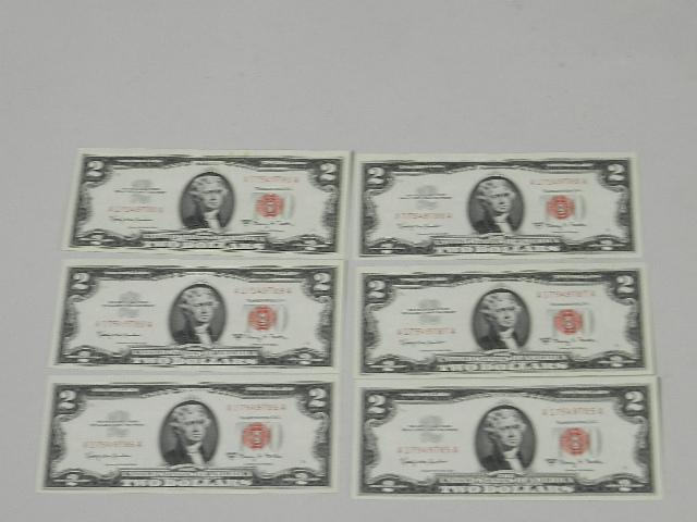 6 Consecutive Serial Number 1963A Red Seal $2 Notes: 6 Consecutive Serial Number 1963A Red Seal $2 Notes