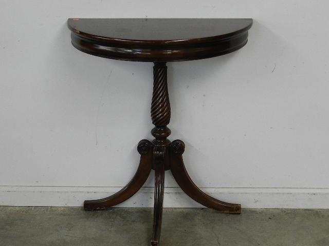 Brandt Mahogany Half Round Side Table: has wear to finish, 29" h x 24" w x 13" d