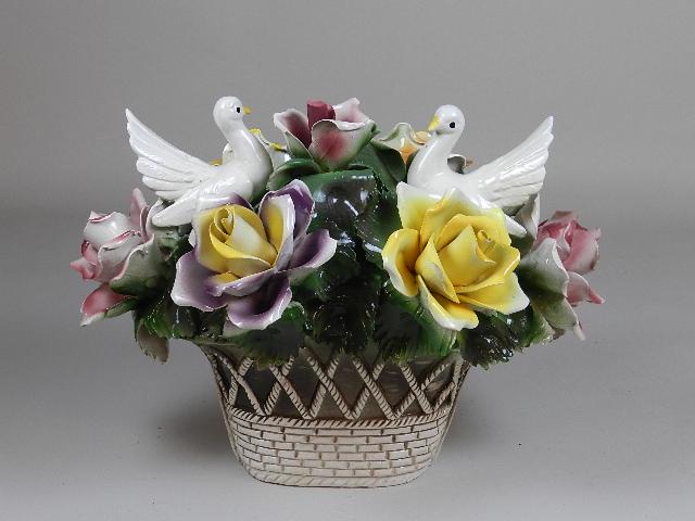 Large Capodimonte Basket of Flowers: with doves, 12" hx 16" w x 11" d