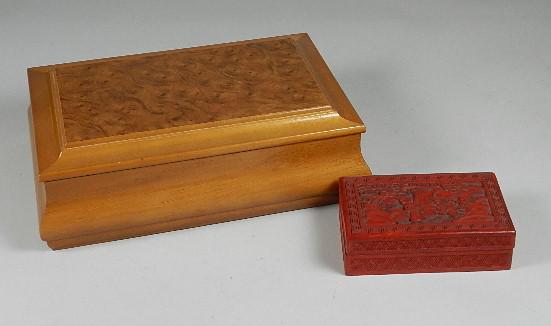 2 Jewelry Boxes: large wooden box and small cinnabar box. Wear from use, largest: 4" h x 12" w x 8" d