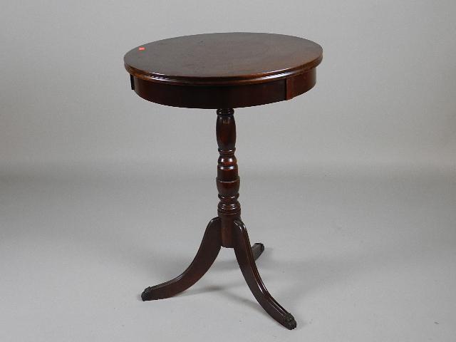 Small Mahogany Drum Table: with Duncan Phyfe legs, wear to finish, "Carolina Panel Co." 24" h x 16" w