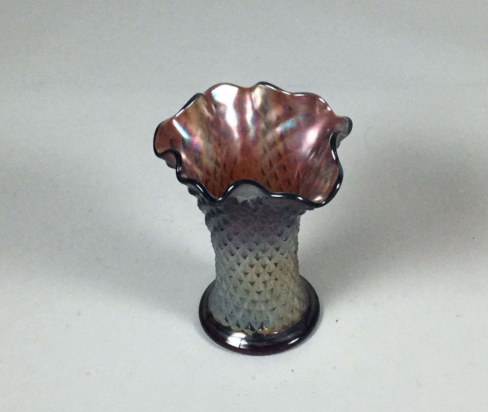 Northwood Carnival Glass Diamond Point Vase: in amethyst, one point is chipped on side, 6 1/2" h