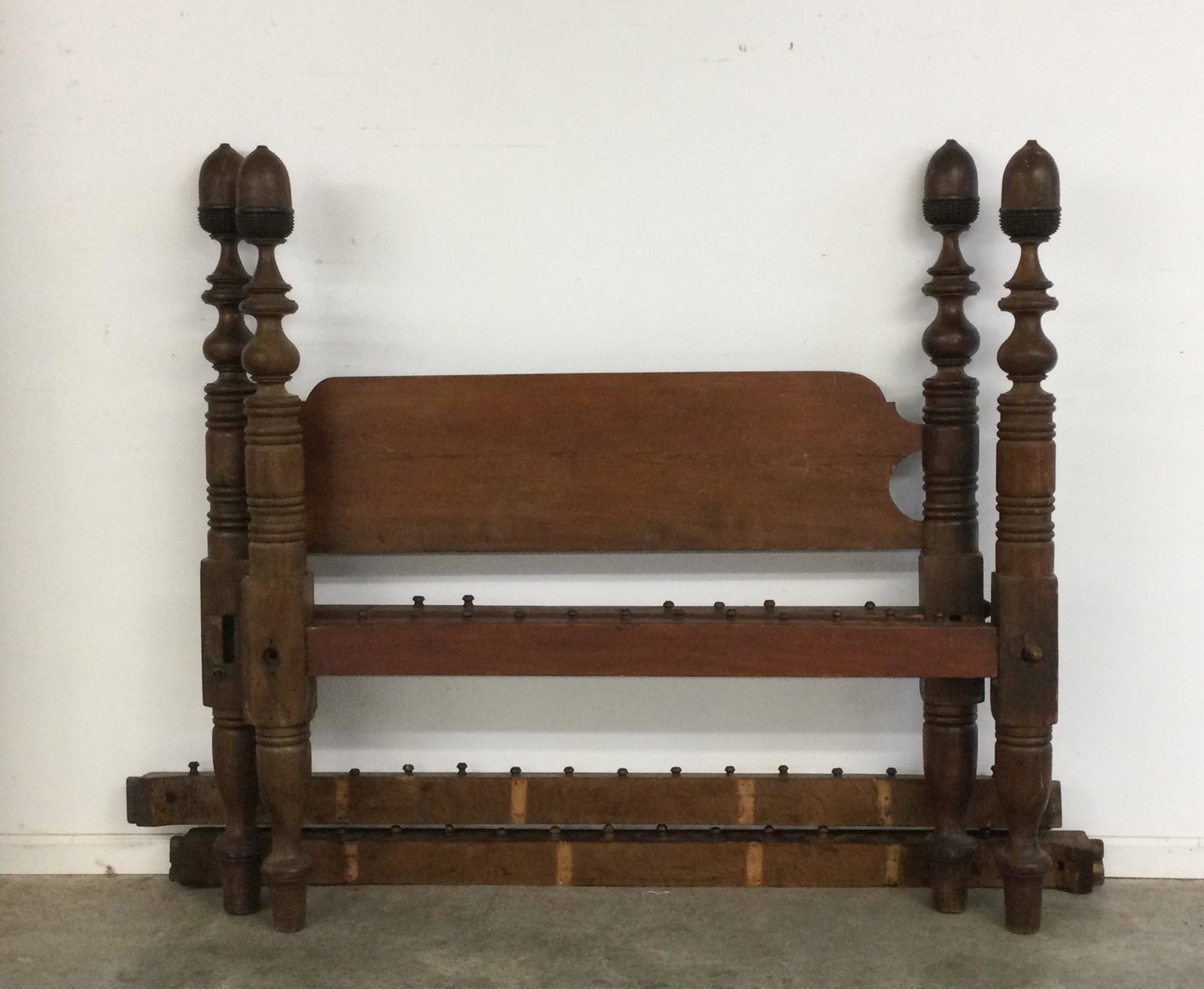 Eary Acorn Finial & Turned Post Bed: from an Southwest, Virginia estate. Has wear to original finish, rails have been trimed, needs 4 rail bolts, 58" h x 59" w x 79" l