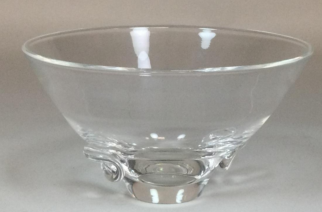 Steuben Crystal Bowl: with small pinch handles along bottom edge, signed on bottom, excellent condition, 4" h x 7" w
