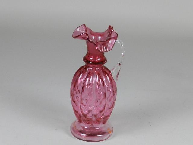 Pilgrim Glass Cranberry Pitcher: has heat crack on handle, 8 1/2" h