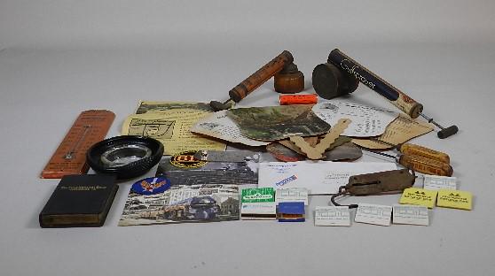 Box Lot of Vintage Advertising: includes fans, thermometer, sprayers, matches, etc. wear from use/rust