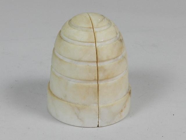 Marble Bookends: in shape of a beehive, wear from use, scratches, 5" h