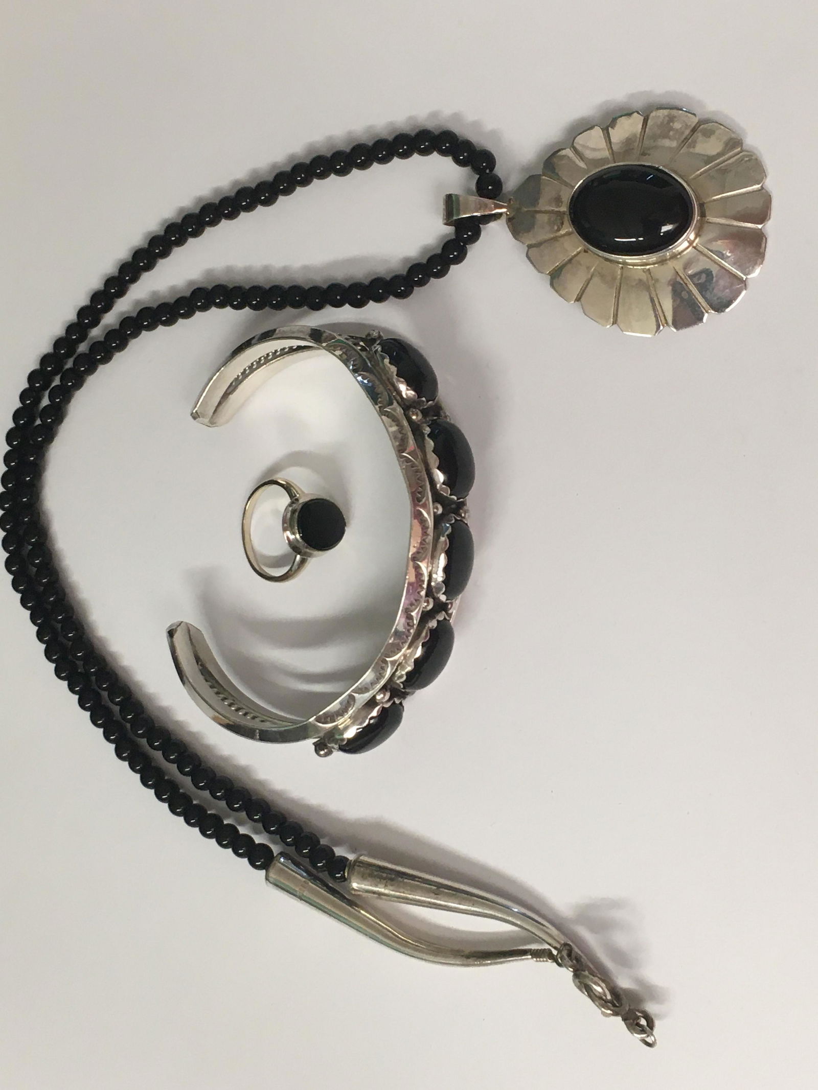 Sterling Pendant & Black Bead Necklace, Bracelet & Ring (1 of 3)