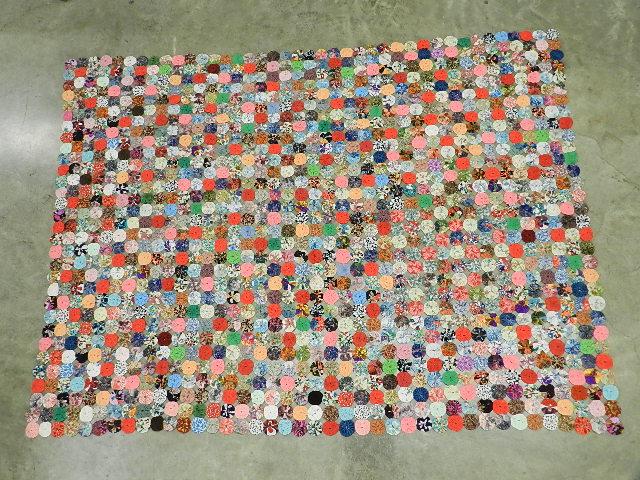 Yo-Yo Quilt: made with polyester fabrics, minor wear, 63" w x 77" long