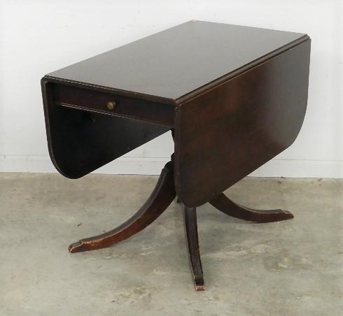 Duncan Phyfe Style Mahogany Drop Leaf Table with Drawer: wear/scratches to finish, 30" t x 39" w x 23" d closed, 62" d when open