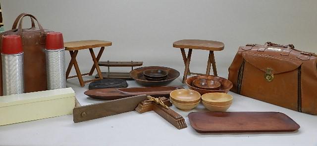 Group of Wood Items, Thermos Set, Leather Bag, etc (1 of 5)