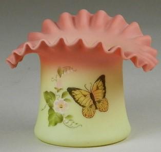 Fenton Burmese Hand Painted Hat Vase: signed by the artist 1982, minor wear, 4" h