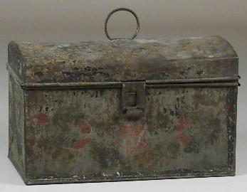 19th Century Tin Document Box: with traces of tole decoration, latch loop is missing, heavy wear, 5" h x 9" w x 5" d