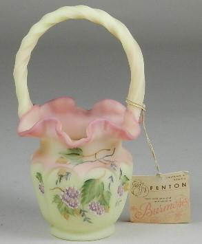 Fenton Burmese Hand Painted Basket: signed by the artist, excellent condition, 8" h