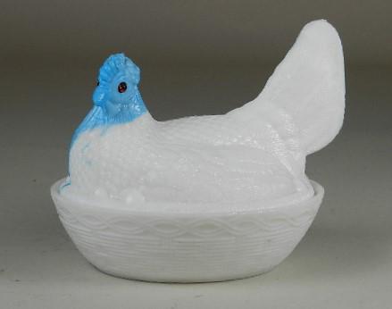 Milk Glass Hen on the Nest: with blue head, base has repaired crack, 6" h x 7" long