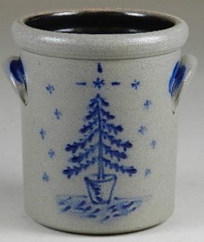 2002 Rowe Pottery Miniature Stoneware Crock with Tree: excellent condition, 5" h