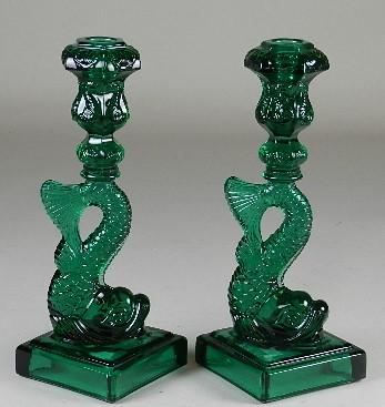Imperial Glass Green Dolphin Candlesticks: minor wear, 11" h