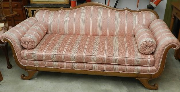 Duncan Phyfe Style Sofa: in pink stripped upholstery, heavy wear to finish on the wood, 33" h x 80" w x 32" d