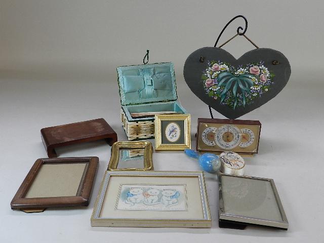 Group of Assorted Items: Sewing Box, Barometer, Picture: sewing box, barometer, picture frames, etc
