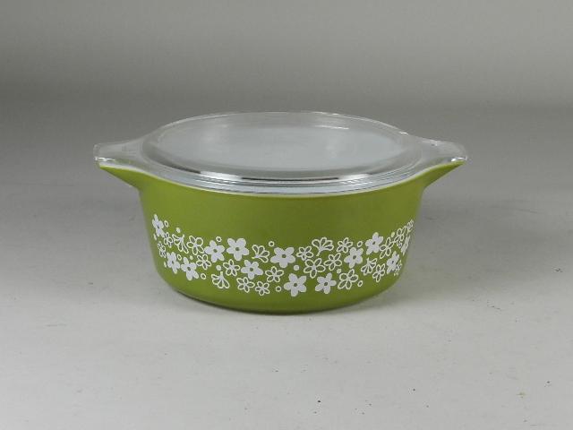 Vintage Pyrex with Green Paint: light scratches to paint, 4" h x 11" w