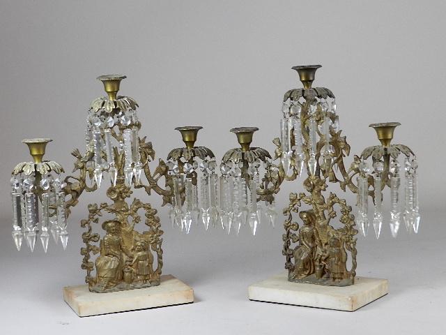Pair of Girandole Triple Candelabras: marble bases, missing a few prisms, 16" h x 14" w x 6" d