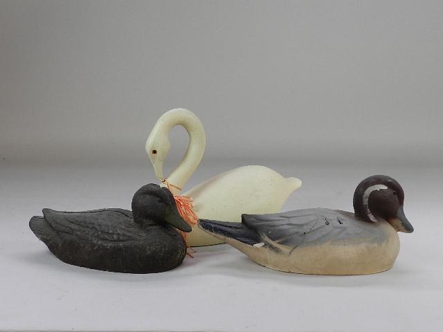 2 Duck Decoys & wooden Swan: wear to decoys