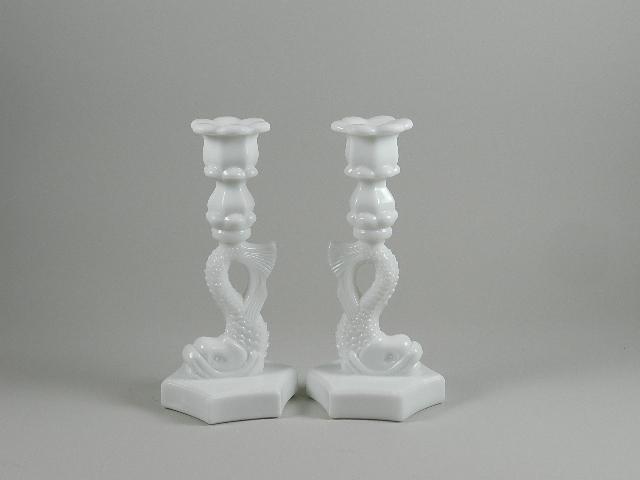 Pair of Westmoreland Milk Glass Dolphin Candlesticks (1 of 3)